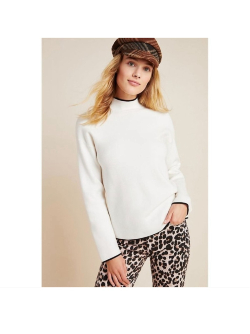 Women's Anthropologie Mock Neck Sweater Size M White Black Trim